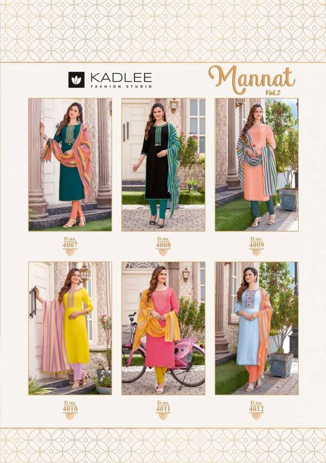 Mannat Vol 2 By Kadlee Rayon Weaving Designer Kurti With Bottom Dupatta Wholesale Shop In Surat
